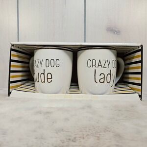 *Crazy Dog Dude Crazy Dog Lady Set of‎ 2 Coffee Mugs White Gold Trim Pets Gift